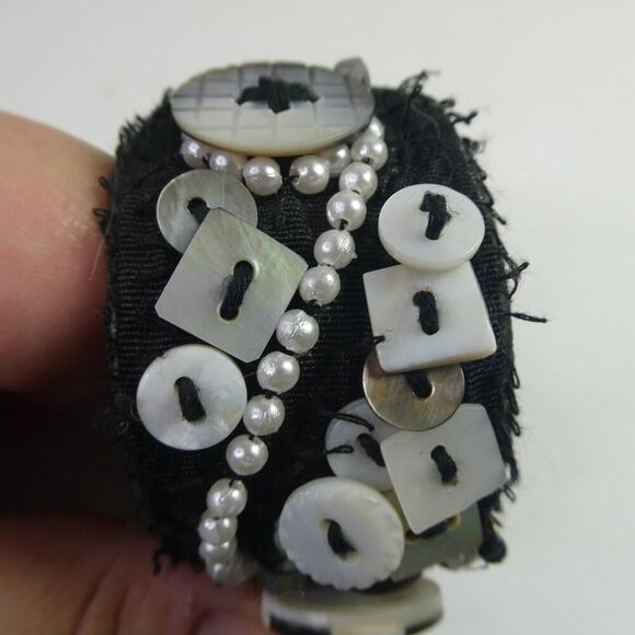 Chunky Funky Cuff Bangle Bracelet Mother of Pearl Shell Button Fabric DIY Artist - Picture 5 of 9